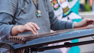 Musiker spelar på en traditionell stränginstrumentliknande nyckelharpa